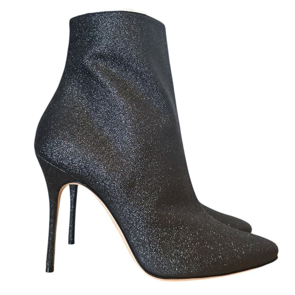 Manolo Blahnik Black Leather Glitter Stiletto High Heel Boots Size 40.5 FIT 8.5
